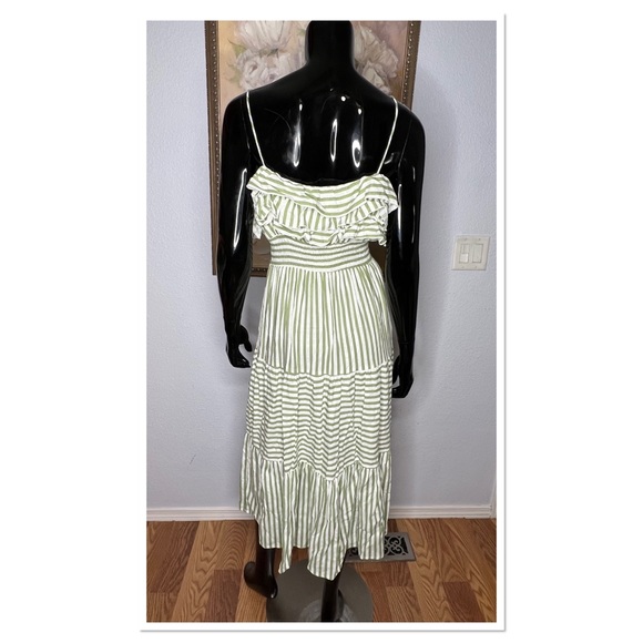 ZARA Striped Frill Ruffle Midi Viscose & Linen Sundress Sz S Green & White NWT - Picture 6 of 8